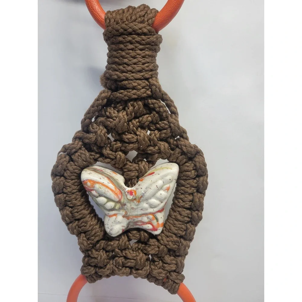 Vintage Macrame Butterfly Towel Holder Brown Orange Ceramic Retro Boho 70s Decor